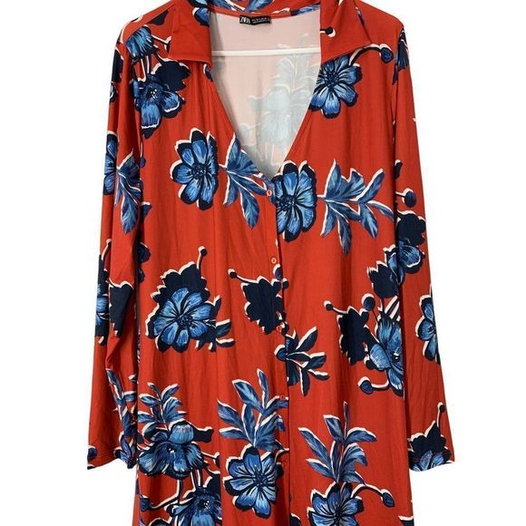 Zara Jersey Shirt Dress Size Large V-neck Button Long Sleeve Collared 5239 - Picture 2 of 8